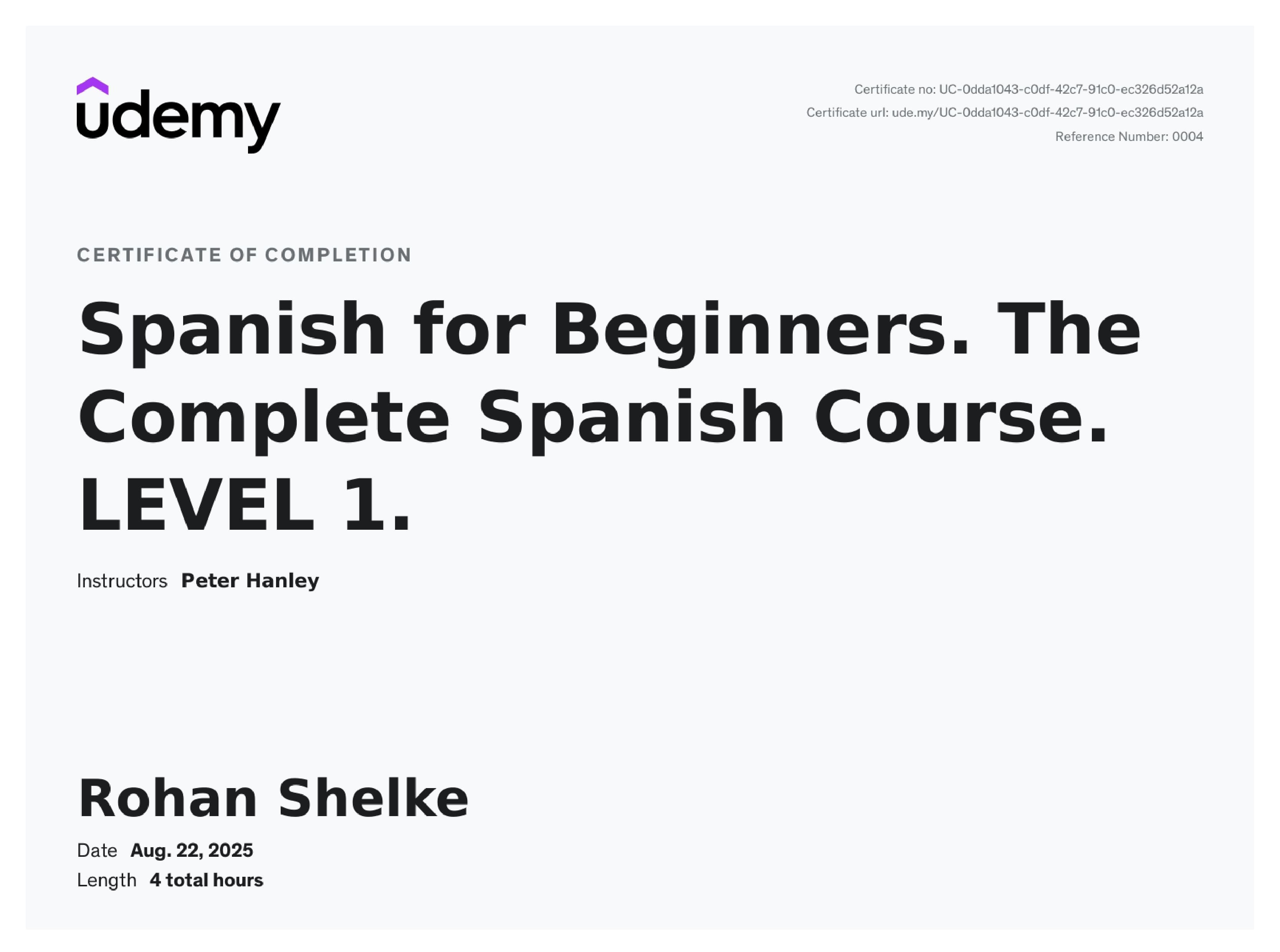 Spanish Language Complete Course certificate